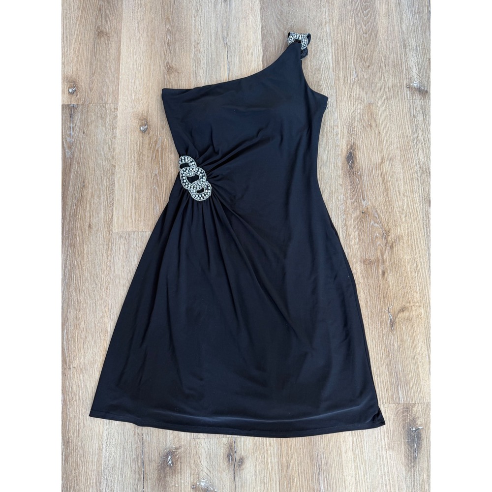 Cachet Minimalist One Shoulder Cocktail Dress Women 10 Black Rhinestone Ruched